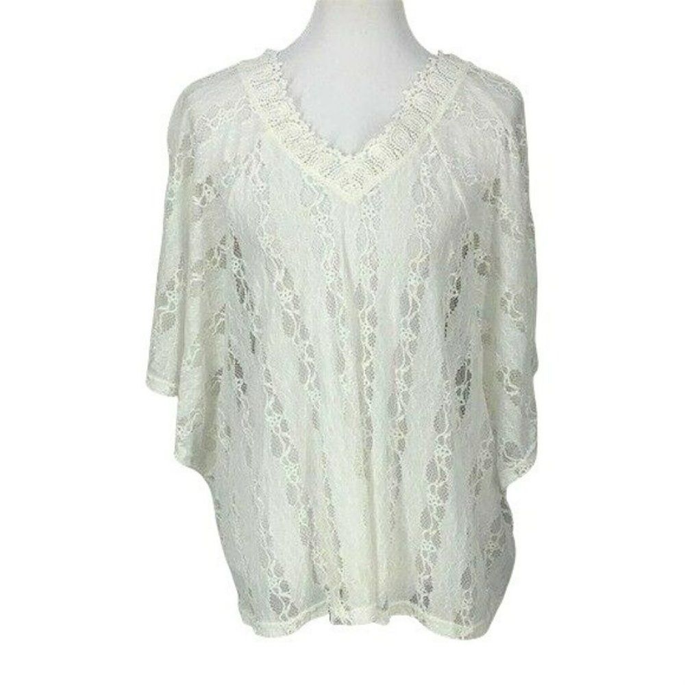 Anthropologie Womens White Lace V-Neck Blouse With Flutter Sleeves